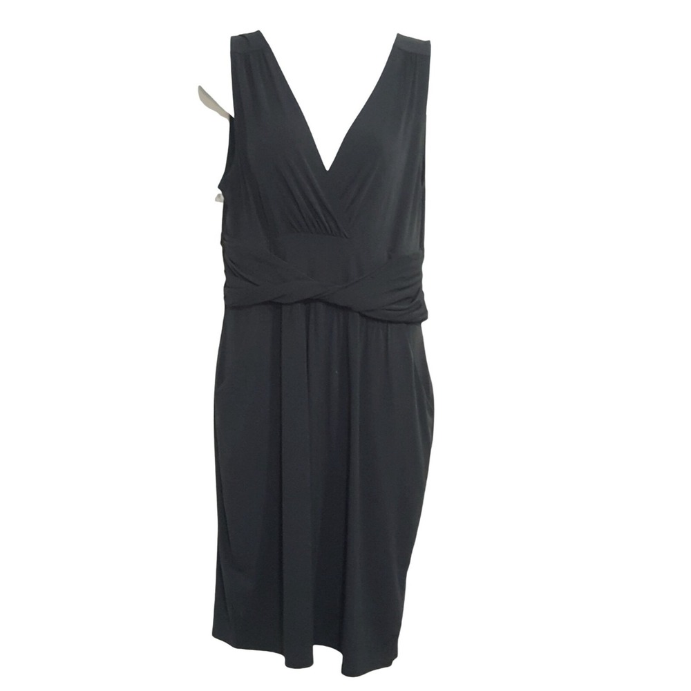 Vintage Sleeveless Dress 12 Black Stretch Knit V Neck Surplice Empire Pockets
